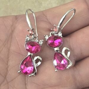 Luxury Crystal Cat & Butterfly Tassel Earrings Sparkling Pink Crystal Drop
